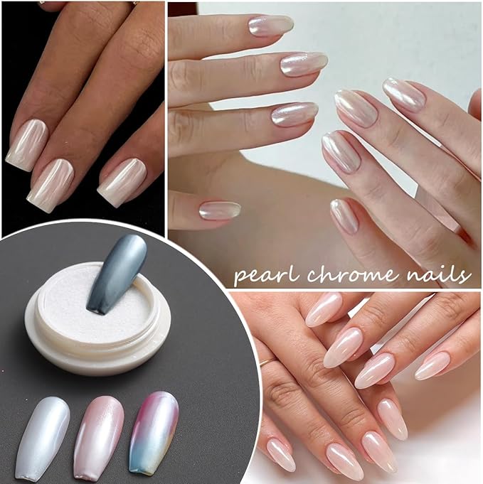 Fcozpjk White Chrome Nail Powder - 6 Colors Pearl Chrome for Nails, Mirror Effect Metallic Rubbing Pigment Dust, Glazed Donut Nail Art Pearlescent Glitter Manicure Decor