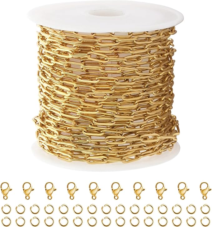Kyutong 5M Gold PVD Plated Necklace Chain for Jewelry Making 304 Stainless Steel Paperclip Chain Roll with Lobster Clasps and Jump Rings for Men Women Making Jewelry Craft Support Jewelry Findings
