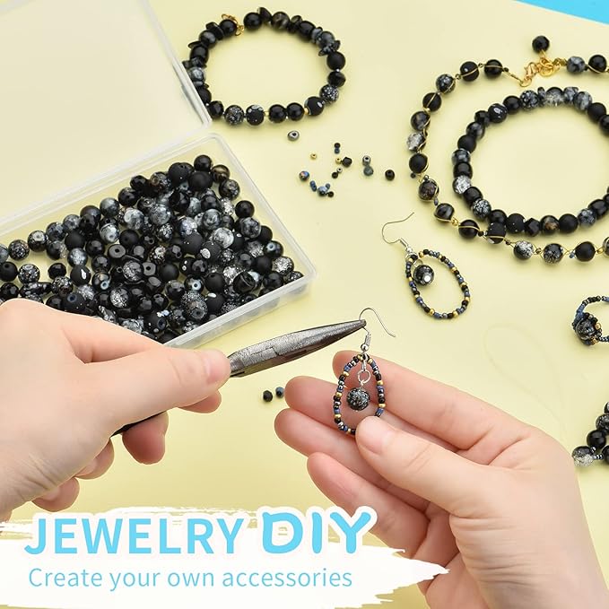 Glass Beads for Jewelry Making Adults, Black Bracelet Beads Set, 900pcs Including 8mm Assorted Round Beads, 4mm Bicone Crystal Beads, 2-4mm Spacer Seed Beads for Phone Charm, Earring, Necklace