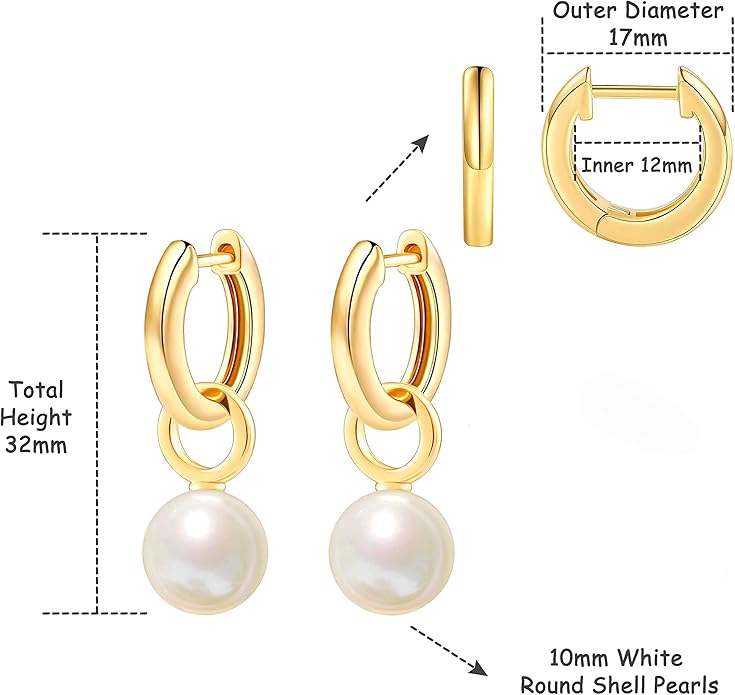 Gold Plated Huggie Hoop Earrings with Charms Fashion Pearl Drop Dangle Earrings for Women Handmade Karma Circle Jewelry for Ladies Lightweight Pearl Earrings on Christmas