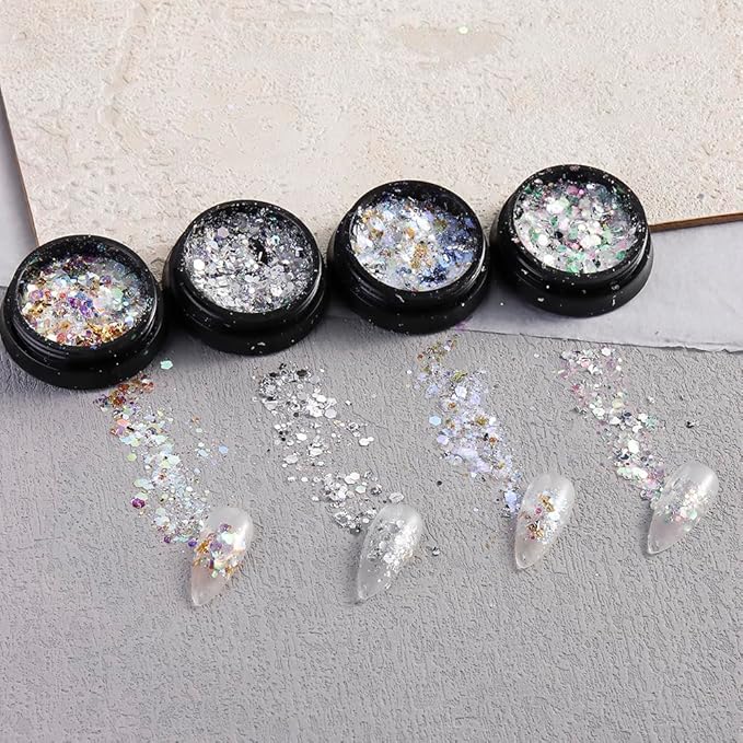 4 Boxes Chameleon Holographic Glitter Nail Art Sequins, Iridescent Mermaid Hexagon Flakes Sparkle Glitters Powder Dust Accessories for Women Manicure DIY Nail Art Decoration