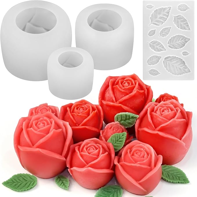 ZQYSING 4 Pack Rose Candle Molds with Leaf Mold, Set of Large + Medium + Small 3D Flower Silicone Molds for Candles Epoxy Resin Casting Wax Soap Clay Plaster Home Décor Handmade Gift