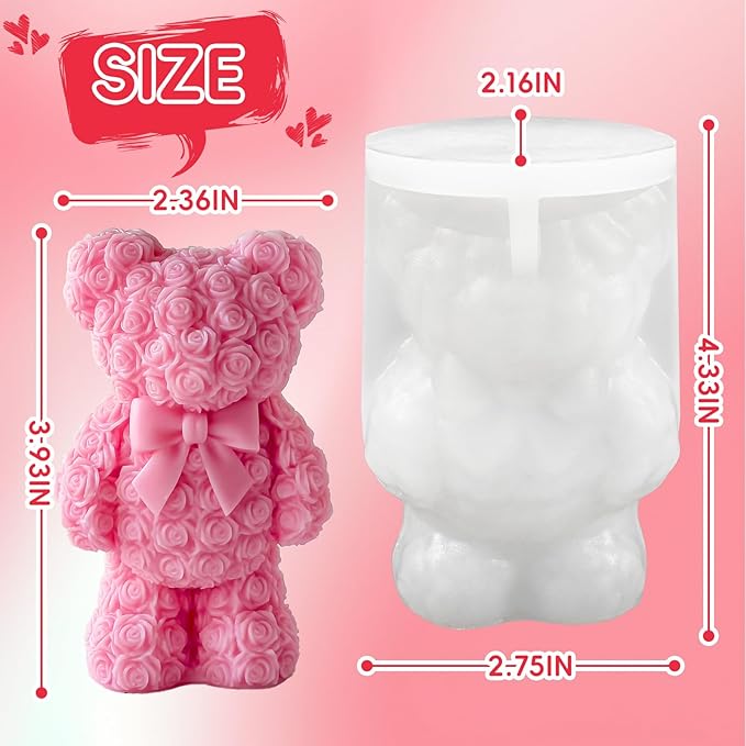 ZQYSING Standing Rose Bear Silicone Molds, 3D Cute Rose Bear Molds for Soap Candles Wax Epoxy Resin Casting Home Decor Valentine/Mother' Day/Wedding/Anniversary/Birthday Gifts