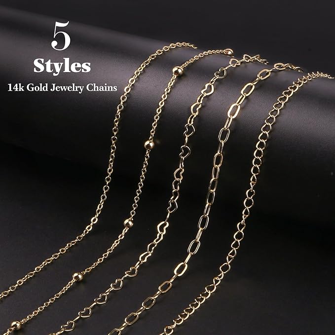 14k Gold Necklace Chain for Jewelry Making, 16.6 Feet Total (5 Rolls) DIY Bracelet Chains with 300 Jump Rings, 50 Lobster Clasps, 1 Jewelry Pliers,1 Support Ring and 50 Pendants
