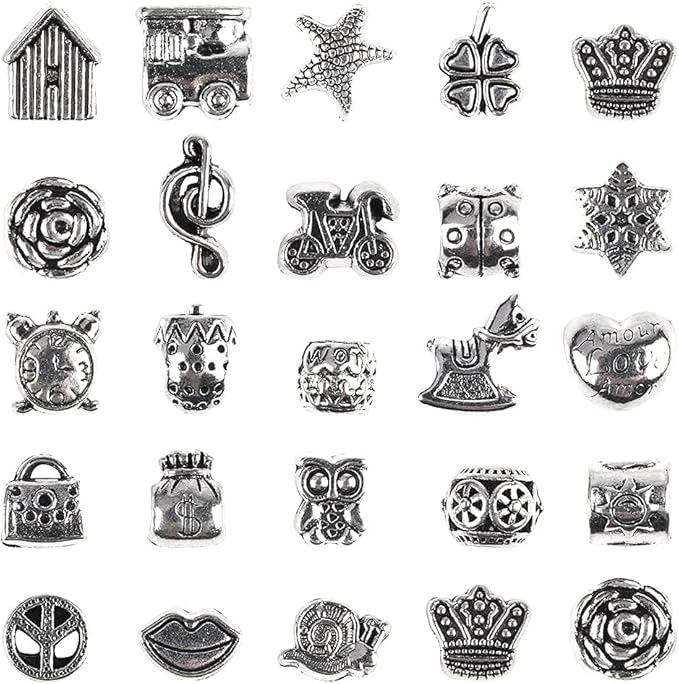 60 Pieces Assorted European Beads with Plating Silver Metal Alloy Rhinestone Large Hole Spacer Beads for DIY Charm Bracelet Jewelry Making (Alloy Spacer Beads)