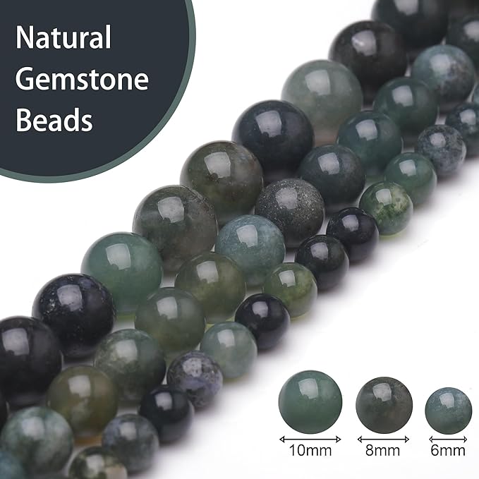 Natural Stone Beads for Jewelry Making,8mm Moss Agate Polished Smooth Round Gemstone Beads for Bracelet Necklace 15 Inch