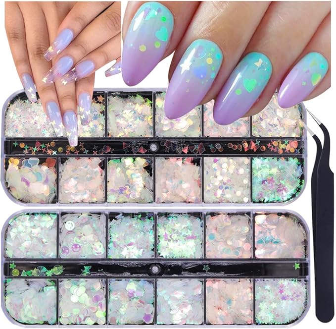 24 Grids Holographic Nail Sequins and 1 Pcs Tweezers,Iridescent Mermaid Flakes Ultra-Thin Colorful Flakes Glitter Sticker,DIY Face Body Eyes for Nail Art Decoration