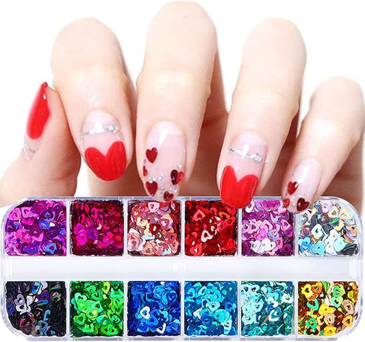 12 Colors Heart Nail Art Glitter Sequins, 3D Love Heart Nail Flakes Designs, Holographic Laser Big Small Hearts Nail Art Supplies for Women Girls Manicure Sparkle Decorations, DIY Body Makeup Crafts