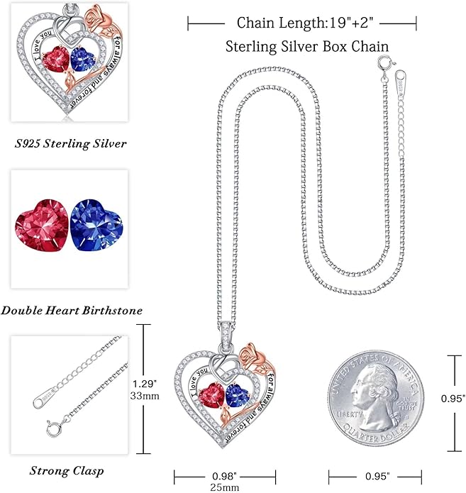 Iefil Valentines Day Gifts for Her Wife - 925 Sterling Silver Double Birthstone Necklace, Anniversary Birthday Gifts for Women, Jewelry Gift for Wife Girlfriend Mom Her