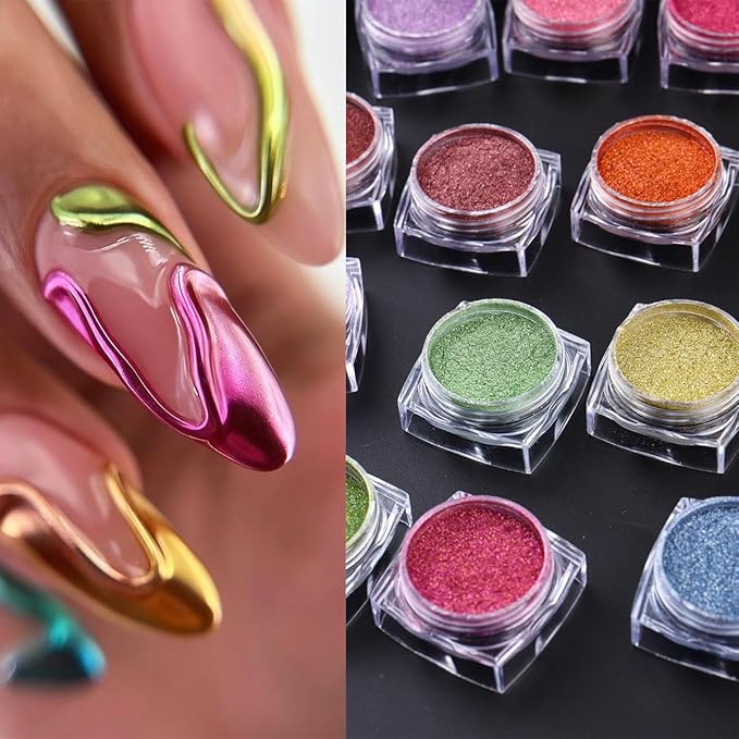 40 Colors Metallic Mirror Chrome Nail Powder Set, Professional Metallic Mirror Pigment with Holographic Shine, Includes Rose Gold Silver Champagne Shades for DIY Nail Art & Salon Manicure