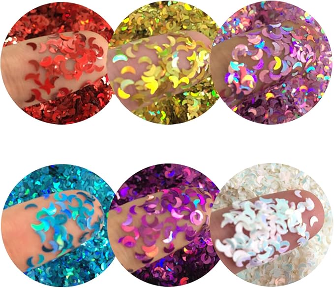 12 Colors Moon Nail Art Glitter Sequins, 3D Sparkly Crescent Nail Flakes Designs, Holographic 3D Laser Moon Nail Sequins Supplies for Women Girls Manicure Sparkly Decorations, DIY Shiny Nail Art