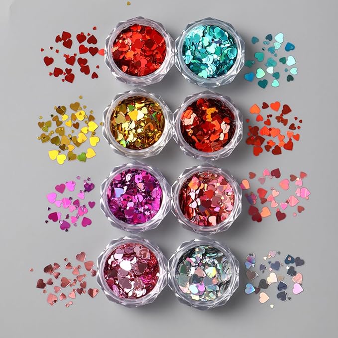 Holographic Valentines Nail Glitter Foils, 8Colors Sparkly Ultra-Thin Foil Nail Art Flakes Design, Laser Heart Nail Sequins Acrylic Supplies for Women Girls Manicure Charms Decor, DIY 3D Nail Art Tips