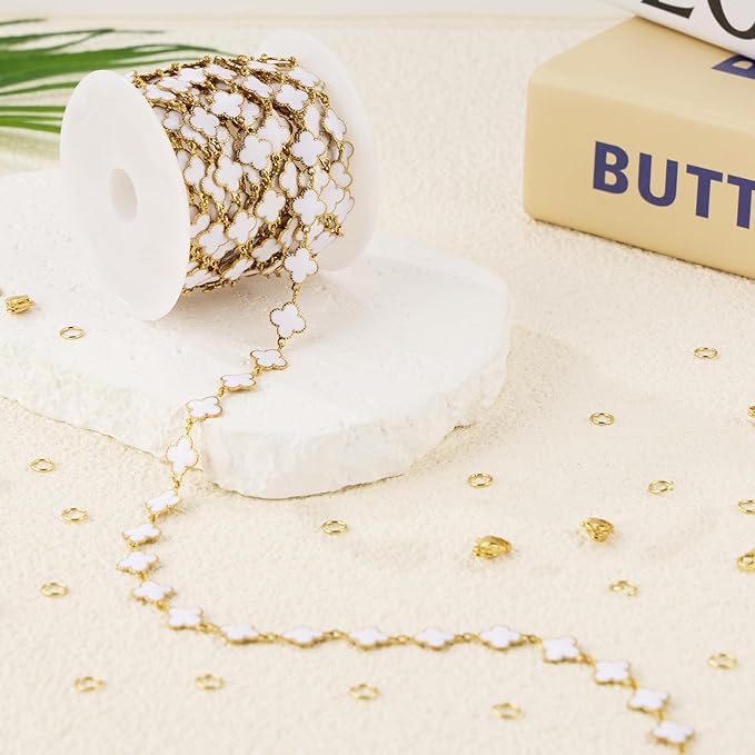GTVOODX Gold Plated White Enamel Clover Link Chain 9.8 Feet Stainless Steel Craft Chain Bulk for Women DIY Jewelry Making with Lobster Clasps Jump Rings