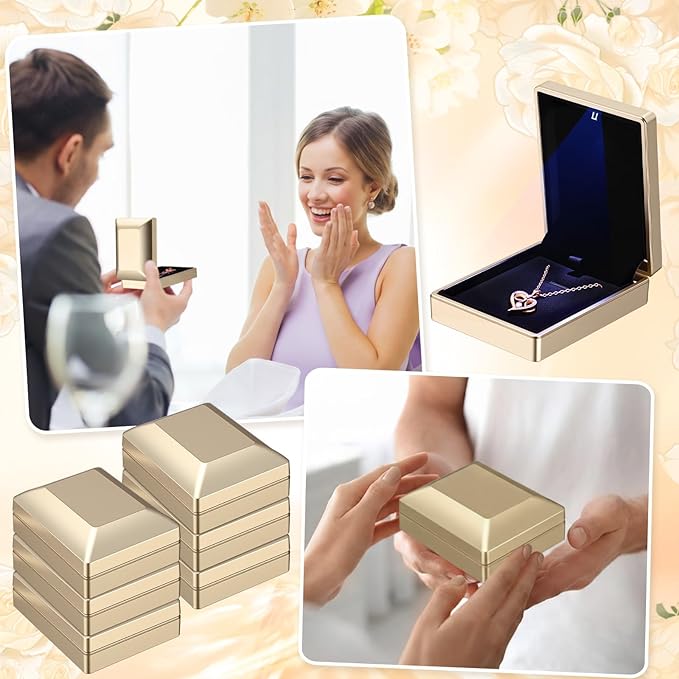 Landical 10 Pcs Pendant Necklace Box with LED Light Velvet Necklace Case for Pendant Bracelet Ring Earring, Jewelry Storage(Gold)