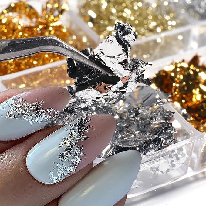 Holographic 3D Sparkly Aluminum Nail Art Foil Flakes - Glitter Sequins for Acrylic Nails - Gold Silver Irregular Line Strip Designs (6 Grids)