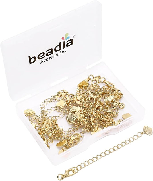 BEADIA 14K Gold Plated Extender Chains 75mm 20pcs Heart Extension Tail Chains for Jewelry Making Findings