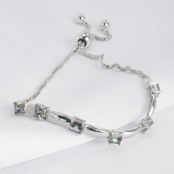 Fine Bracelet Tennis Style Pull String Birthstone Jewelry Gift for Women 925 Sterling Silver Square Sparkling Bolo Gemstone Jewelry Adjustable Bracelets