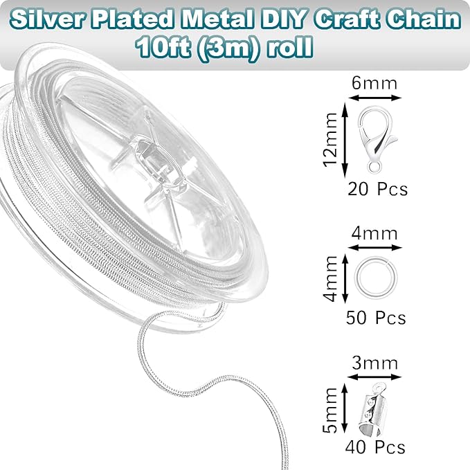 Jishi 33ft Silver Snake Chain 1.2mm Jewelry Making Chains for Necklace Bracelet DIY Jewelry Supplies Findings - Silver Plated Round Snake Cable Chain Link Roll w/Lobster Clasps, Cord Ends & Jump Rings