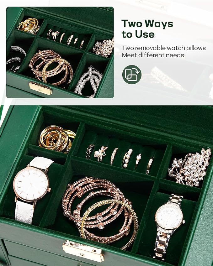 Homde Synthetic Leather Huge Jewelry Box Mirrored Watch Organizer Necklace Ring Earring Storage Lockable Gift Case (Forest Green + Gold)