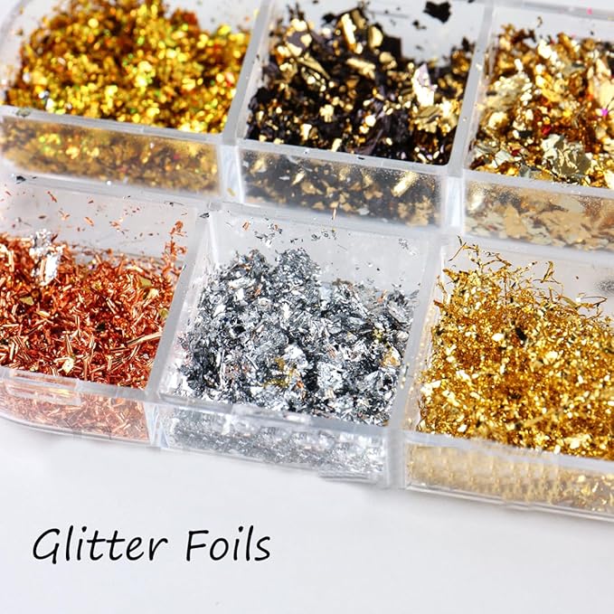 Holographic Nail Glitter Gold Foils for Kit, 12 Grids Sparkly Ultra-Thin Aluminum Foil Nail Art Flakes Designs, Powder Nail Glitters Sequins Acrylic Supplies DIY Manicure Charms Decorations, for Women