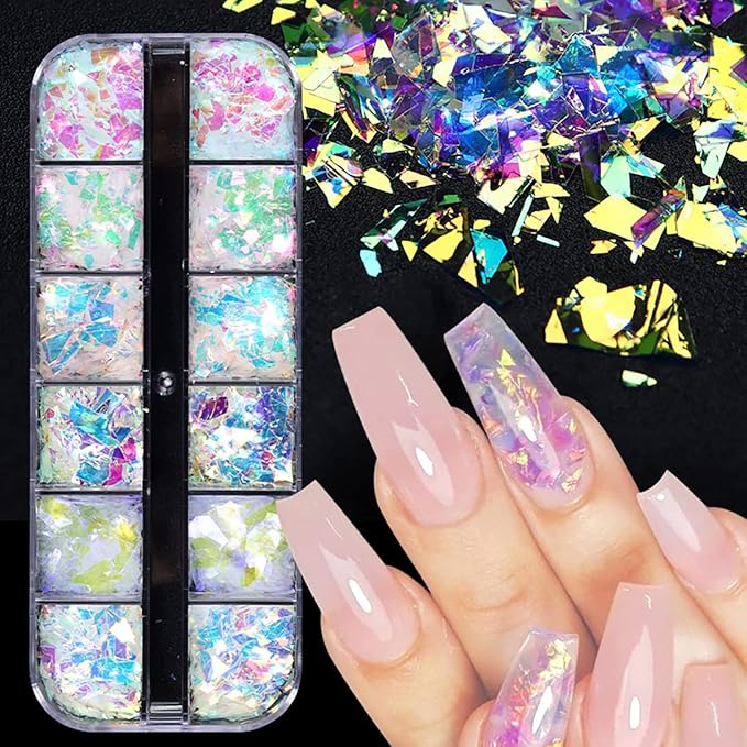 12 Colors Holographic Nail Art Glitter Sequins Iridescent Ice Slag Nail Glitter Flakes Irregular Mermaid Nail Sequins Colorful Fluorescent Glass Paper Nail Decoration for Face Hand Body Make-up DIY