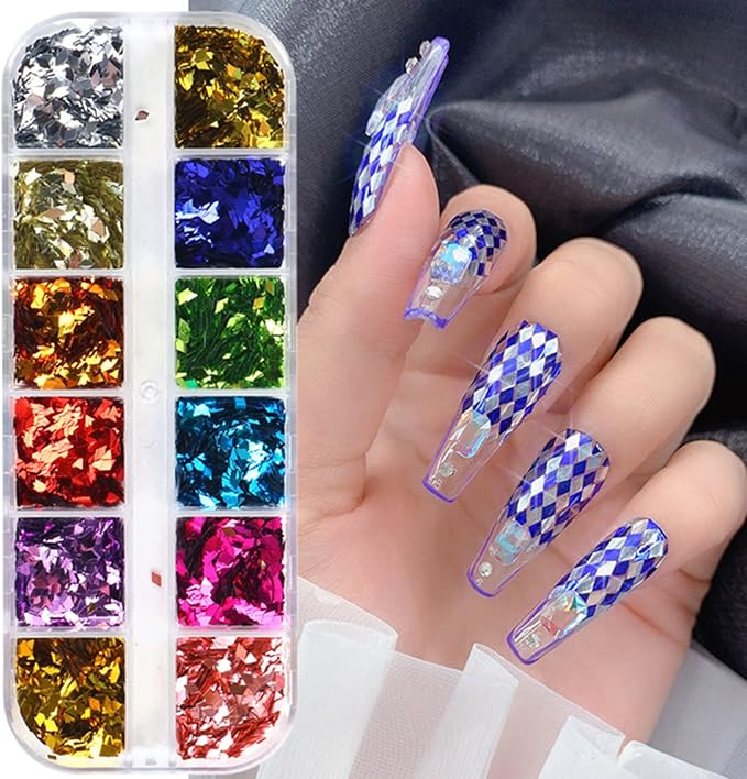 Holographic 3D Rhombus Glitter Nail Art Sequins, Sparkly Rhombus Nail Flakes Design, 12 Colors Rhombus Nail Art Sequins Design for Women Girls Manicure Shiny Decorations DIY Resin Nail Art Tips
