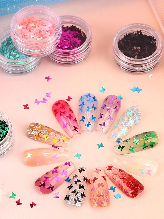 60 Pot Butterfly Nail Art Glitter Sequins, Kalolary Holographic Butterfly Nail Decals Metallic Laser Nail Art Flake Glitter for Face Eyes Nail Art Decoration DIY Craft(5 Boxes)