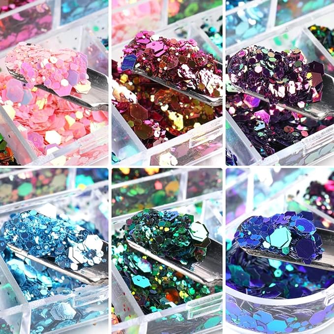 12 Grids Chameleon Nail Art Sequins Hexagon Nail Glitter Holographic Process Sticker Sequins Mermaid Powder Thin Slices Shining Charm DIY Shining Nail Art Tips for Women's Nail and Mermaid Jewelry