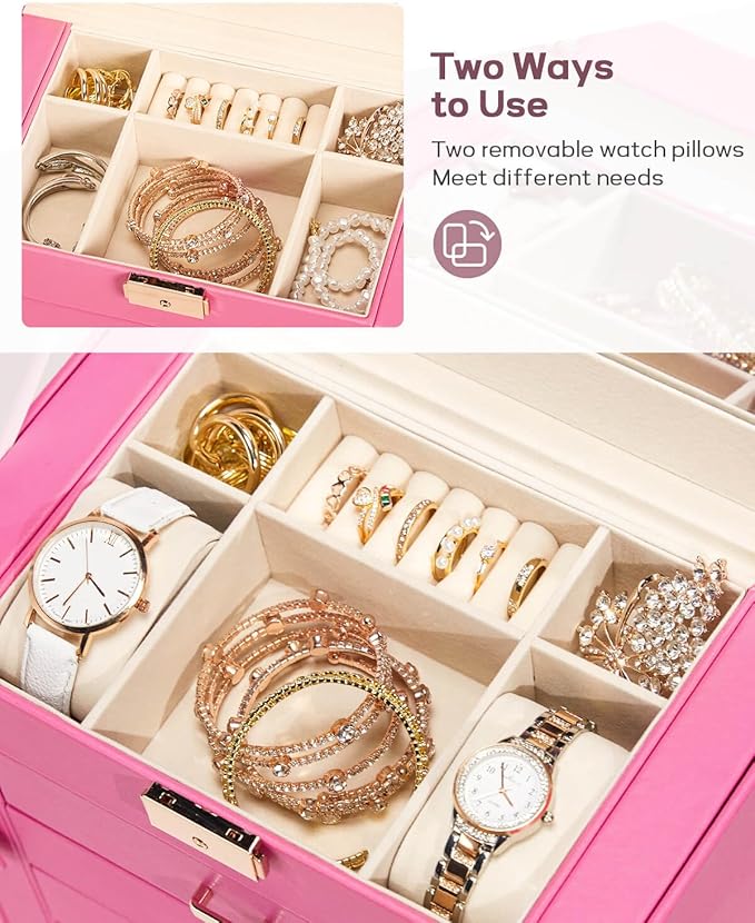 Homde Synthetic Leather Huge Jewelry Box Mirrored Watch Organizer Necklace Ring Earring Storage Lockable Gift Case (Pink + Gold)