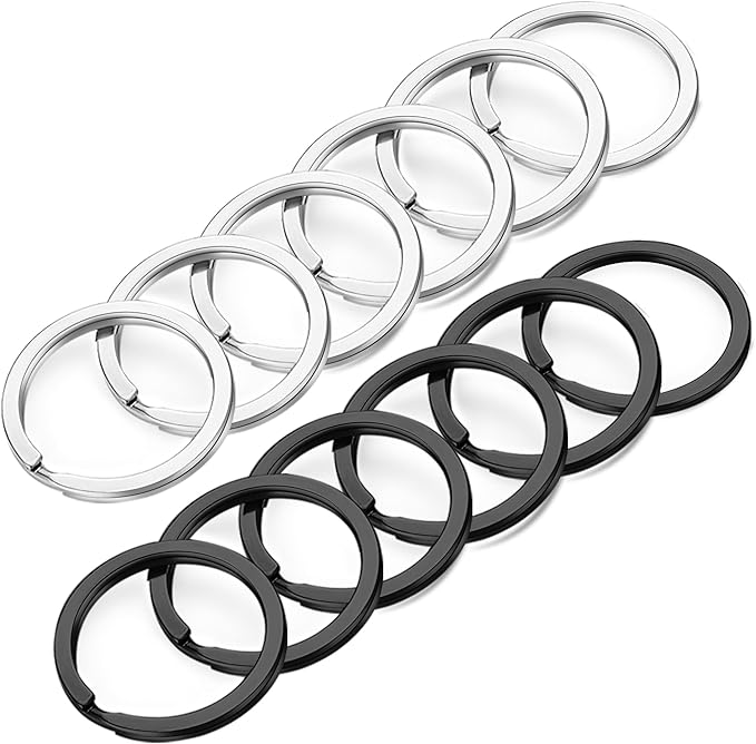 Gkeygo Key Rings, 12 pcs Stainless Steel Key Ring for Keychains, 1inch Flat Split Keychain Ring for Car Keys Dog Ring Tag Lanyards Home School Office DIY, Silver - Black
