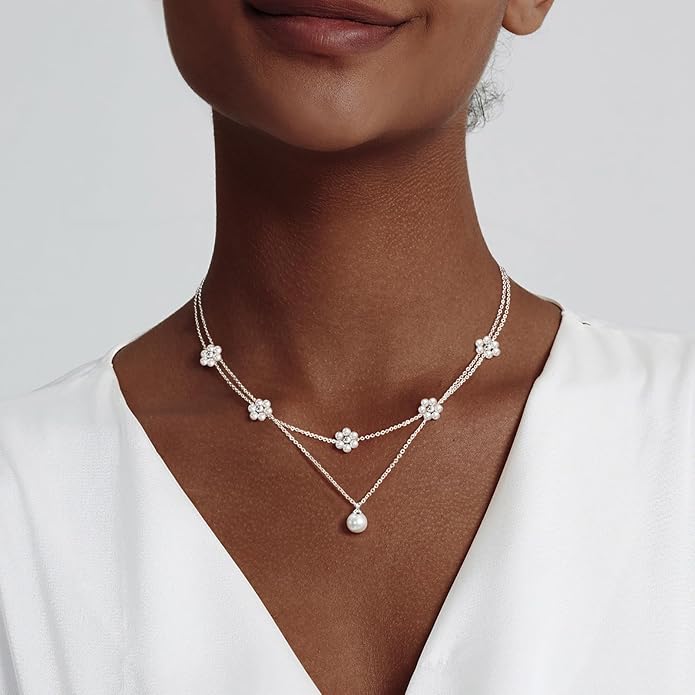 Pearl Necklaces for Women 14K Gold Plated Dainty Layered Single Pearl Necklace Simple Daisy Pearls Choker Cute Gold Necklace Stack Jewelry Sets for Women Trendy Gifts