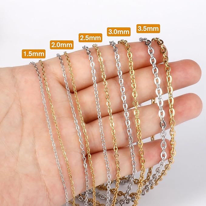 33 Feet 18K Gold PVD Plated Stainless Steel Cable Chain Bulk, 1.5mm 304 Stainless Steel Flat Cable Link Chains Roll Spool for Jewelry Making Necklace DIY Craft