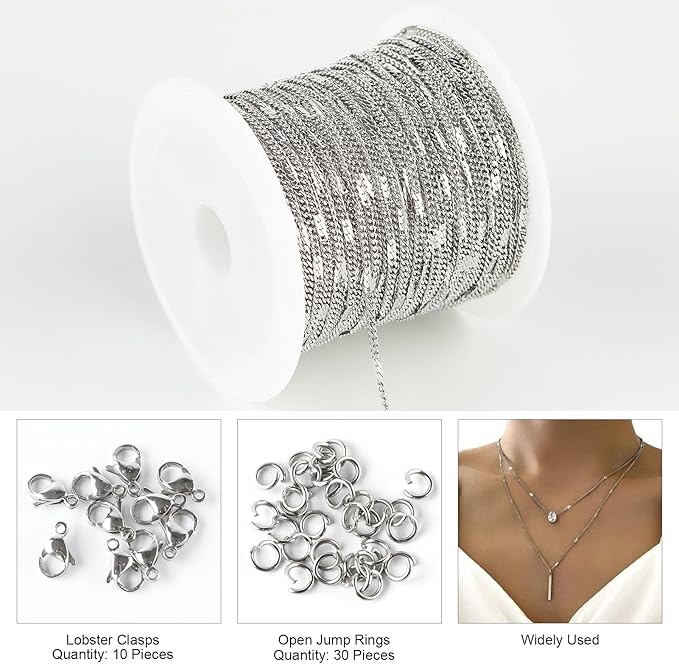 Kyutong 10M Stainless Steel Chain for Jewelry Making Thin Curb Silver Chains for Necklace Bracelet Making Supply Jewelry Findings