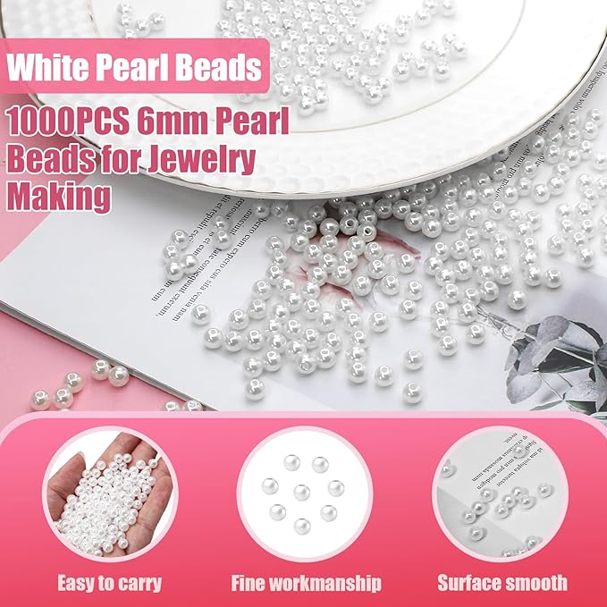 1000pcs Pearl Beads for Jewelry Making, 6mm White Plastic Beads for DIY Crafting Bracelets, Necklaces, Earrings