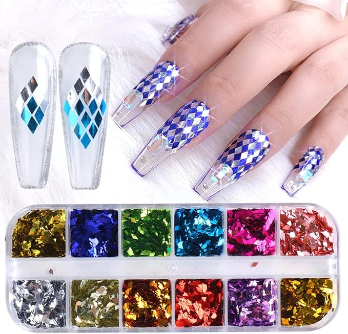 3D Sparkly Glitter Sequins, Holographic Rhombus Shape Glitters Nail Flakes, 12 Colors Rhombus Nail Art Glitter Design for Women, DIY Shiny Fingernail Crafts Decorations