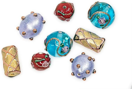 8 pcs Mix of Bohemia Lampwork Czech Glass Beads with Pearl Decorated Beads, Modern lampwork Design and Round Flower Beads, LW 002