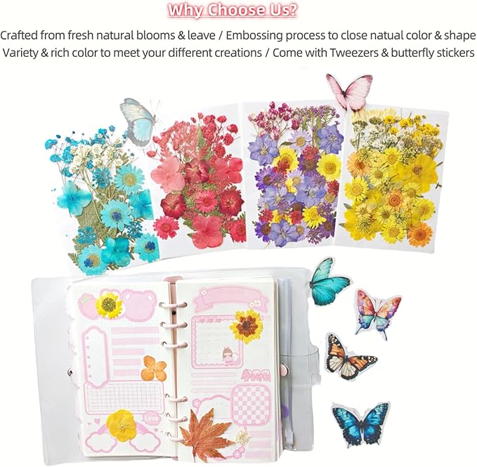 172Pcs Dried Flowers for Resin, Small Pressed Dried Flowers for Crafts Jewelry Making, Natural Real Dry Flowers for Resin Molds, Scrapbooking DIY, Soap Candle Making with Tweezers Butterfly Stickers