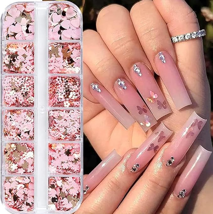 12Grids Valentine's Day Nail Glitter Sequins Holographic Gold Pink Heart Nail Art Glitter Flakes 3D Flower Rabbit Butterfly Charm Nail Sequins Glitter Nail Supplies for Acrylic Nail Decor Accessories