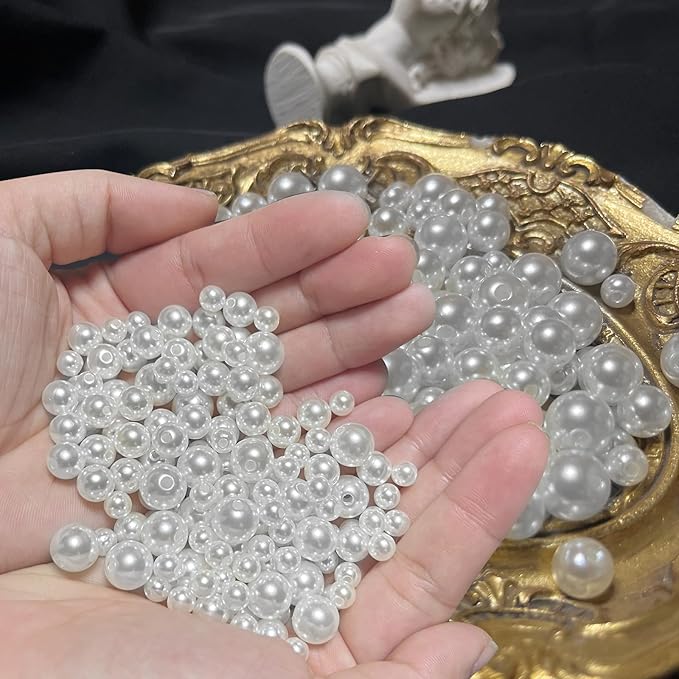 800 Pcs Pearl Beads with Hole, 6mm 8mm 10mm Round Pearls for Crafts, Jewelry Making Supplies, DIY Beads for Necklaces, Bracelets, Wedding Decoration, Stuffing (White)