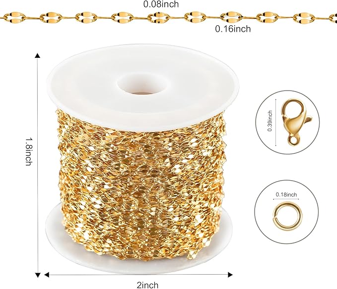 Kyutong 32.8 Feet Thin Stainless Steel Lip Chain Roll Gold Chain for Jewelry Making with Accessories for Necklace Choker Bracelet DIY Jewelry Craft Supplies