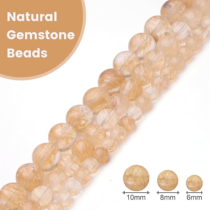 10mm Natural Stone Beads for Jewelry Making,Gold Rutilated Quartz Polished Smooth Round Gemstone Beads for Bracelet Necklace 15 Inch