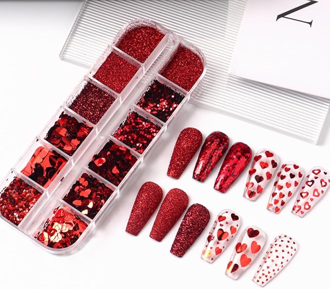 Valentines Holographic Nail Glitter Foils, 12Grid Red Sparkly Foil Nail Art Flakes Design, Laser Heart Nail Sequins Acrylic Supplies for Women Girls Manicure Charms Decor, DIY 3D Nail Art Tips