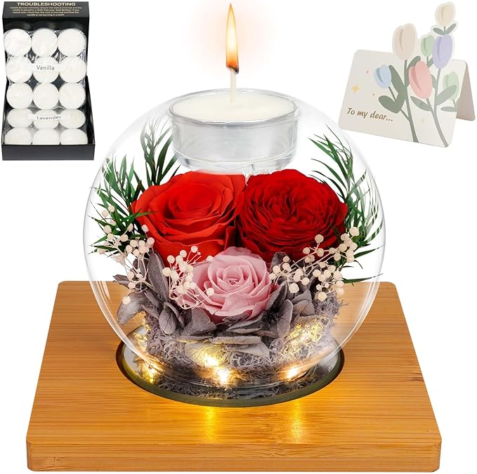 Preserved Red Real Rose in Glass with Scented Candles–Forever Flower Romantic Anniversary Mothers Day Christmas Birthday Valentines Day Gifts for Her, Women, Wife, Girlfriend, Mom, Grandma