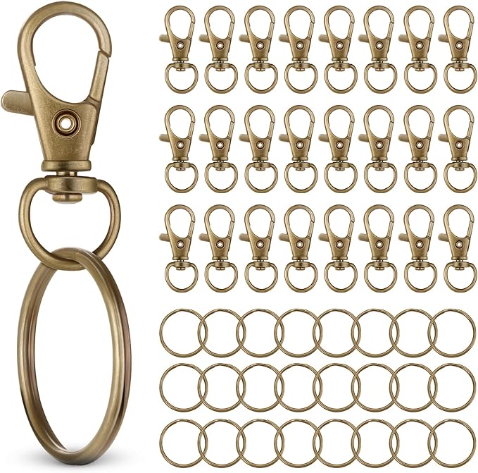 50 PCS in 25 Sets, Metal Swivel Lobster Claw Clasps, Keychain Clasp with Large Key Ring, Premium Keychains Clips, Snap Hooks and Sturdy Key Rings, for Keychain Bracelet, Crafts, HnoaTovy (Bronze)