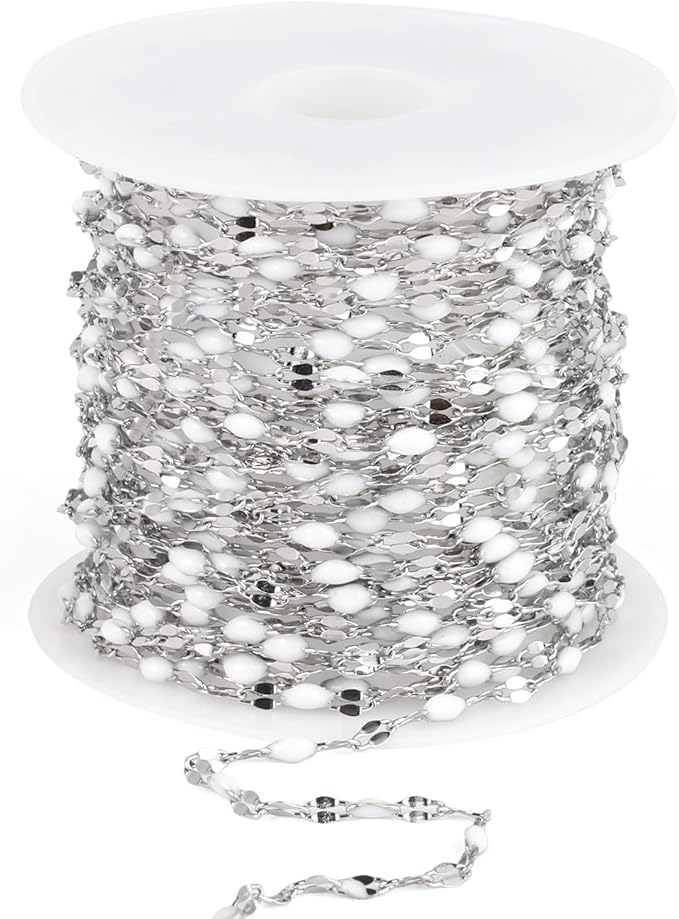 16.5FT White Enamel Dapped Chain Roll, 2MM Stainless Steel Enalem Lip Link Chains Spool Bulk for DIY Jewelry Making