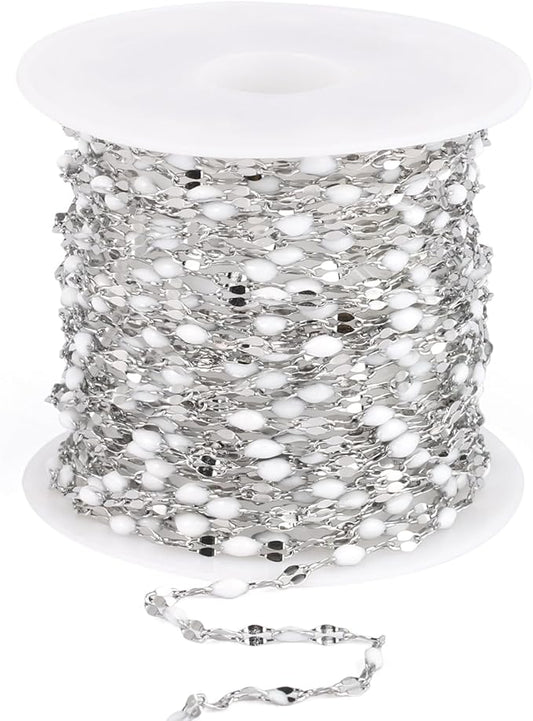 16.5FT White Enamel Dapped Chain Roll, 2MM Stainless Steel Enalem Lip Link Chains Spool Bulk for DIY Jewelry Making