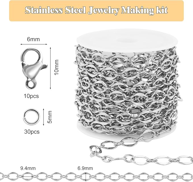 GTVOODX Stainless Steel Lips Chains Bulk for Jewelry Making 13 Feet Unfinished Dapped Chain Spool for DIY Jewelry Making with Lobster Clasps and Jump Rings