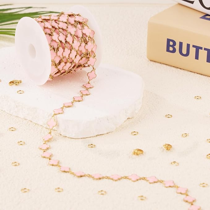 GTVOODX 8mm Pink Enamel Clover Chain Roll Gold Filled 3 Meters Stainless Steel Handmade Link Chains Spool Bulk for Women Jewelry Making with Lobster Clasps Jump Rings