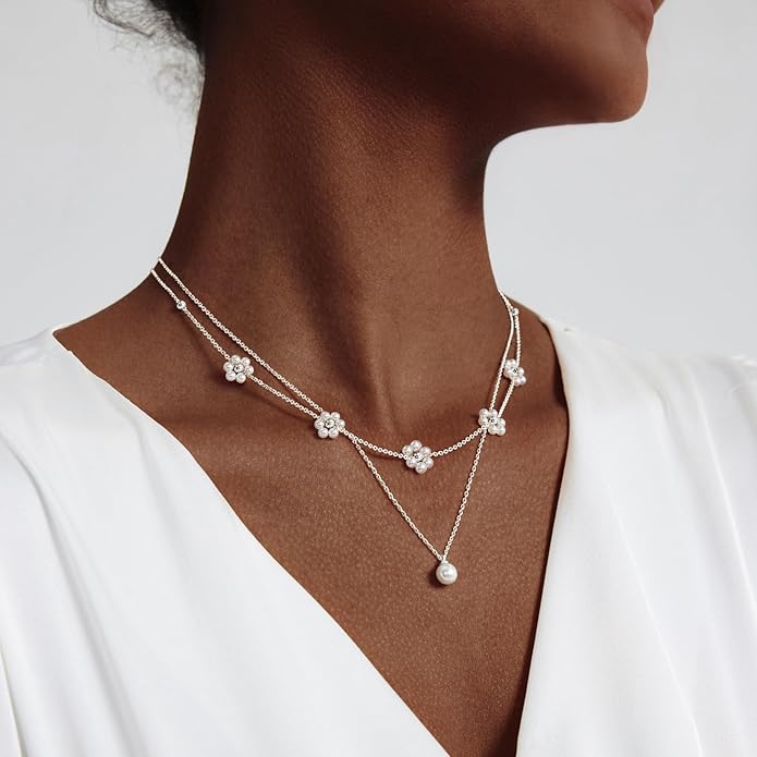 Pearl Necklaces for Women 14K Gold Plated Dainty Layered Single Pearl Necklace Simple Daisy Pearls Choker Cute Gold Necklace Stack Jewelry Sets for Women Trendy Gifts