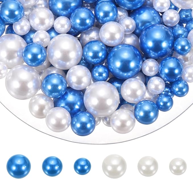 MECCANIXITY 150 Pcs Pearl Bead for Vase Filler, 20/14/10mm Faux Pearl Floating Beads Makeup NO Hole for Candles Centerpieces Table Scatter Wedding Home Decoration(Bright Blue White)